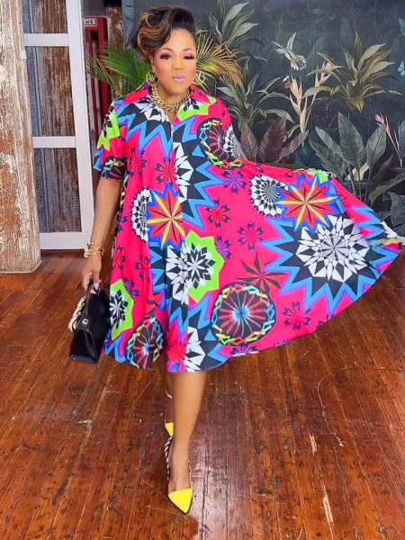Printed large hem V-neck zippered short sleeved dress