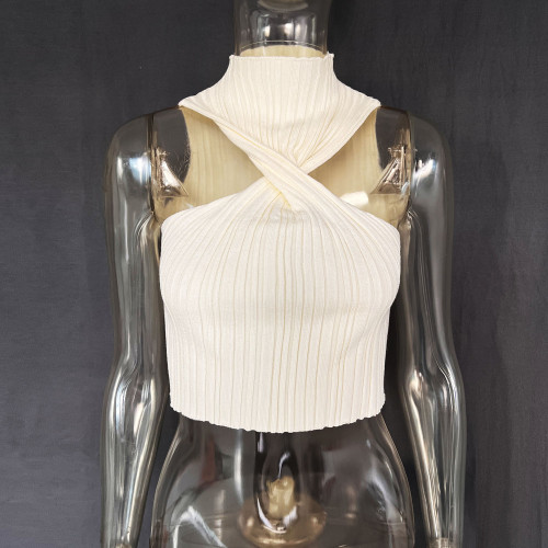 Chest cross off shoulder woolen knitted clean color vest top