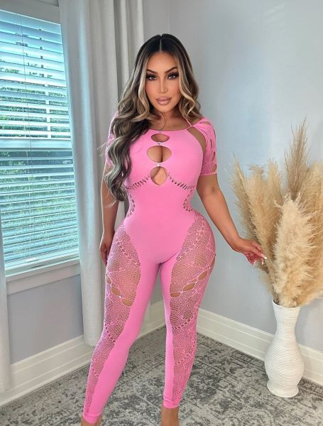 Wearing a tight and seductive one-piece pajama with a seductive and playful uniform