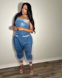 Denim workwear with multiple pockets patchwork, washed loose sleeveless jumpsuit