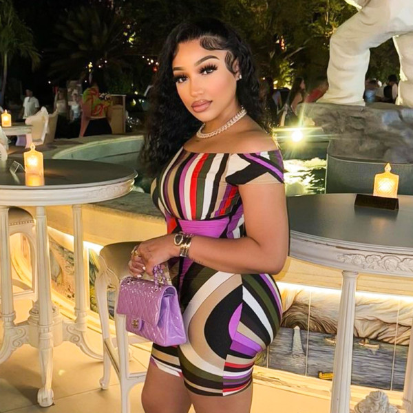 Colorful printed short sleeved off shoulder slim fit jumpsuit shorts