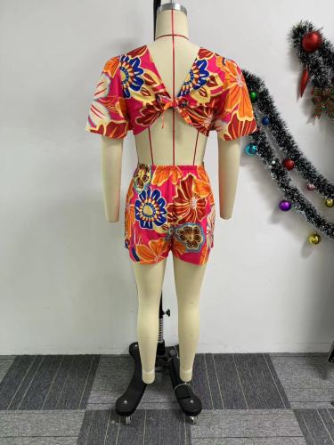 Printed hollow tie with lotus leaf sleeves, fake one piece pant skirt