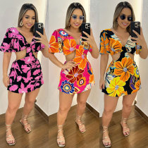 Printed hollow tie with lotus leaf sleeves, fake one piece pant skirt