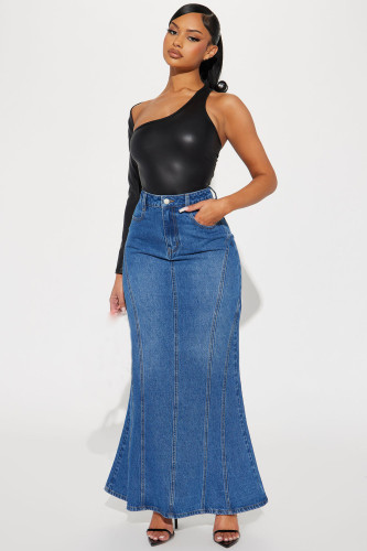 Elastic patchwork washed long skirt and fishtail skirt