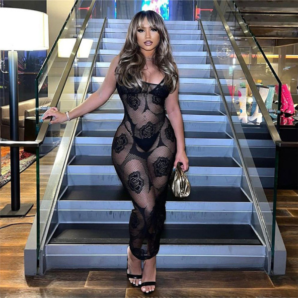 Low cut perspective hollowed out jacquard suspender long dress