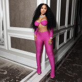 Long sleeved exposed navel sexy knitted pants set