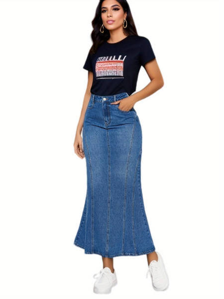 Elastic patchwork washed long skirt and fishtail skirt