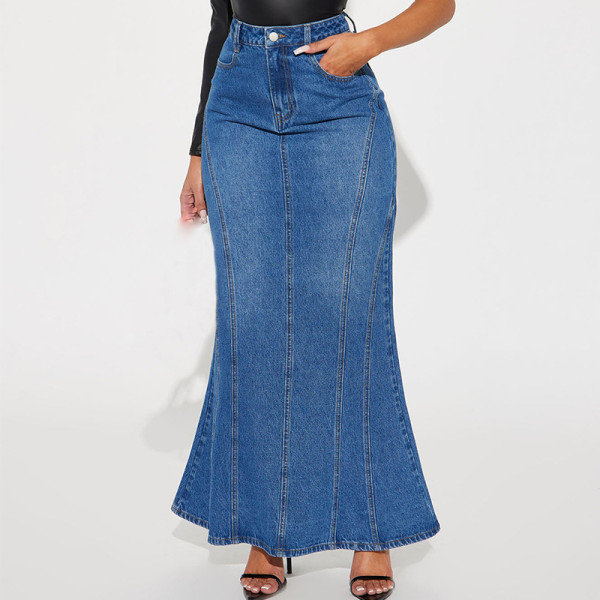 Elastic patchwork washed long skirt and fishtail skirt