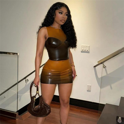 PU Tank Top High Waist Color Contrast Wrapped Hip Skirt Set