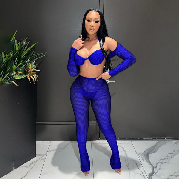 Long sleeved exposed navel sexy knitted pants set