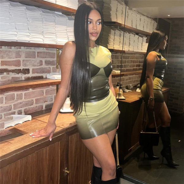 PU Tank Top High Waist Color Contrast Wrapped Hip Skirt Set