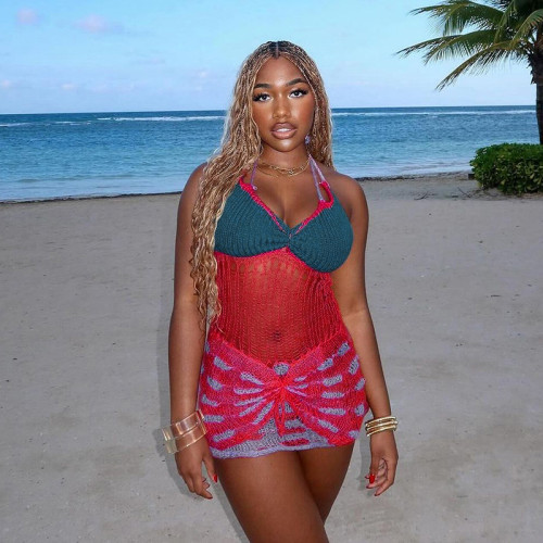 Color blocking buttocks hollow sexy backless knitted neck hanging dress