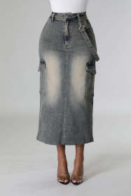 Elastic Split Multi Bag Denim Skirt