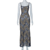 Dyed printed patchwork hollowed out back strap long dress