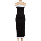 Sleeveless patchwork bra and buttocks long high waisted dress