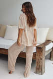 Comfortable mesh buttoned woolen long pants and short sleeved shirt