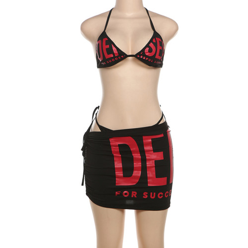 Hanging neck tie up top, high waist, buttocks wrapped short skirt, bikini set