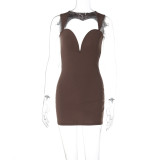 Hollow Heart Deep V Sleeveless Steel Ring Wrapped Hip Dress