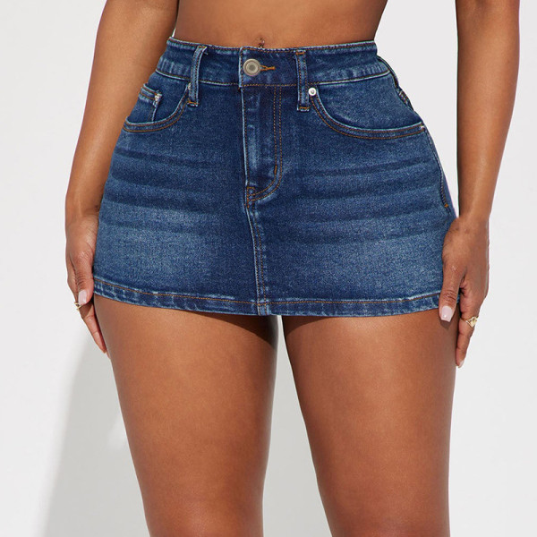 Elastic denim mini skirt
