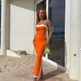 Sleeveless patchwork bra and buttocks long high waisted dress