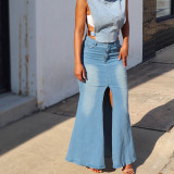 Elastic split denim skirt