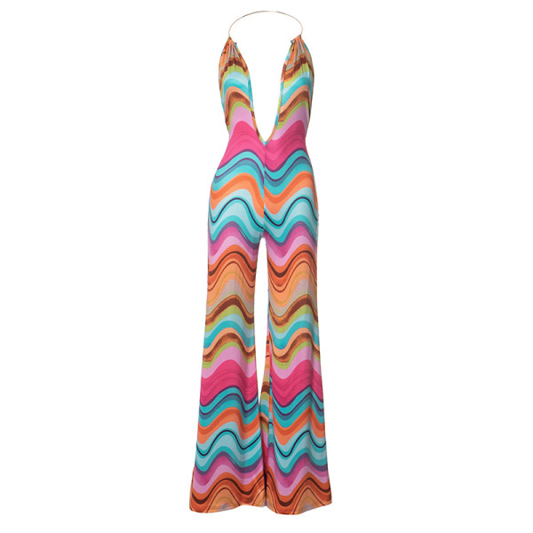Multicolor Wave Deep V Open Back High Waist Casual Pants