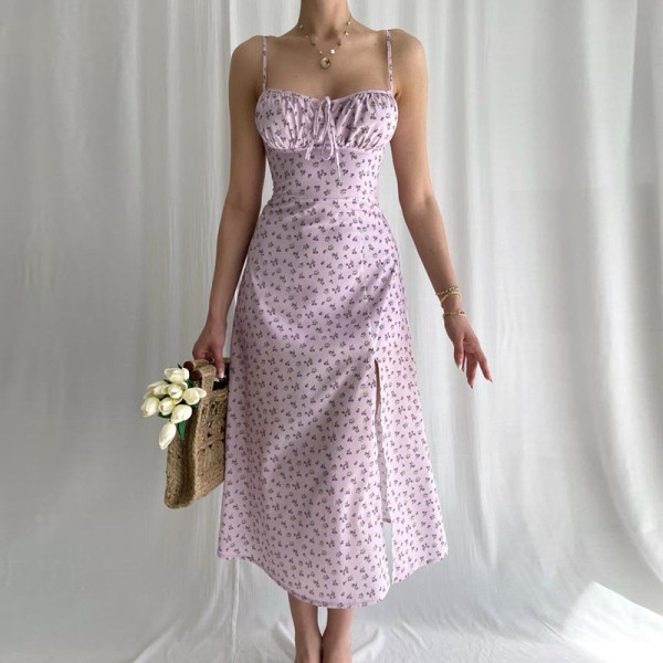 Strap floral split dress