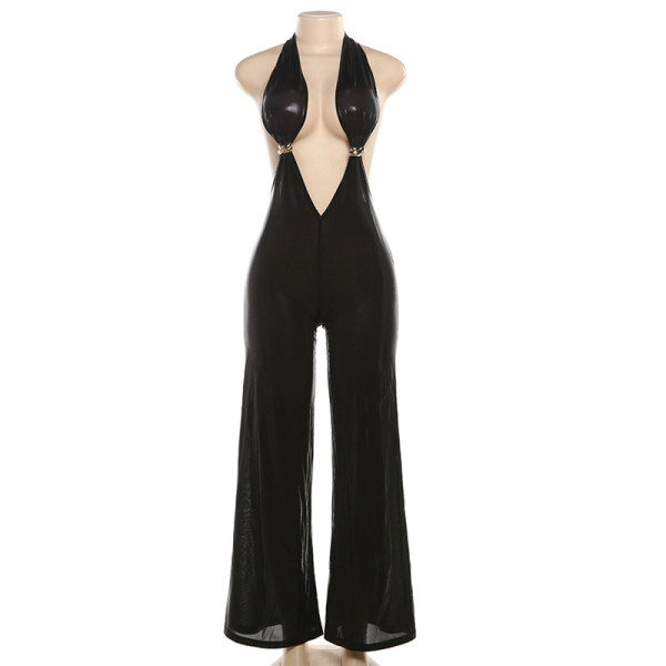 Open navel hanging neck and open back PU style wide leg jumpsuit