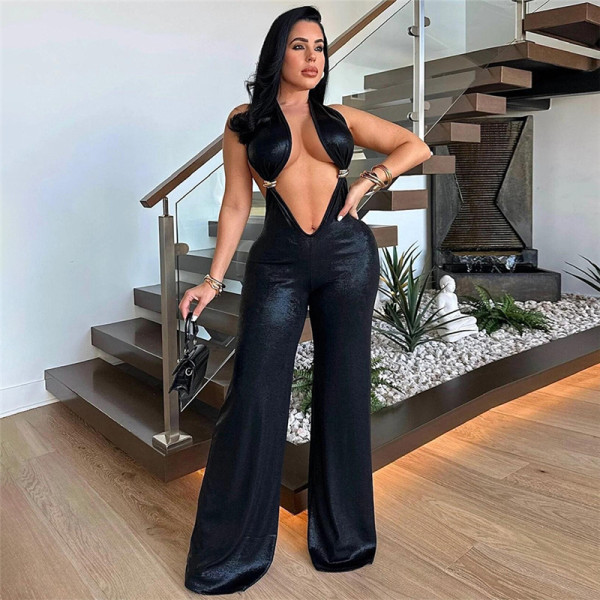 Open navel hanging neck and open back PU style wide leg jumpsuit