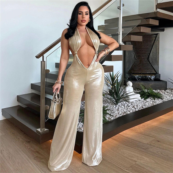 Open navel hanging neck and open back PU style wide leg jumpsuit
