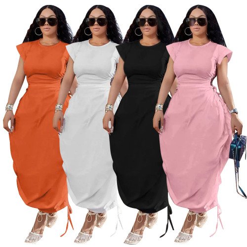 Women's round neck waist cinched flower bud skirt solid color dress