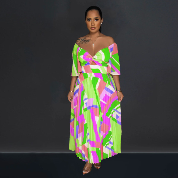 Women's printed backless pleated long dress