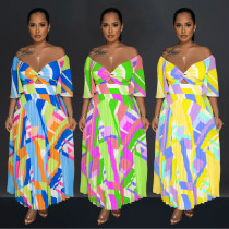 Women's printed backless pleated long dress Women's printed backless pleated long dress