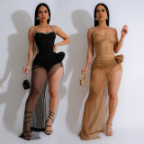 Women's solid color irregular suspender long dress