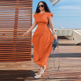 Women's round neck waist cinched flower bud skirt solid color dress