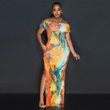One shoulder high slit printed dress