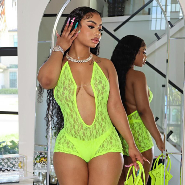 Lace hollow perspective hanging neck large backless jumpsuit shorts