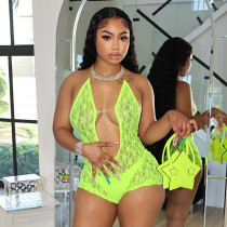 Lace hollow perspective hanging neck large backless jumpsuit shorts