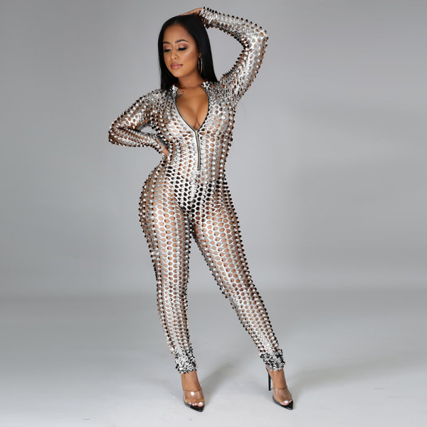 Women's zippered small high necked jumpsuit A6628