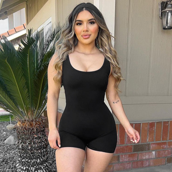 Solid color sleeveless backless tight sports seamless jumpsuit shorts