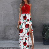 Slanted shoulder long skirt temperament sleeveless high waisted slit dress