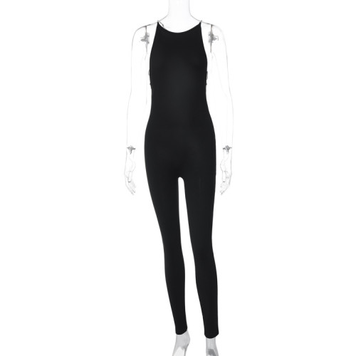 Backless slim fit solid color jumpsuit