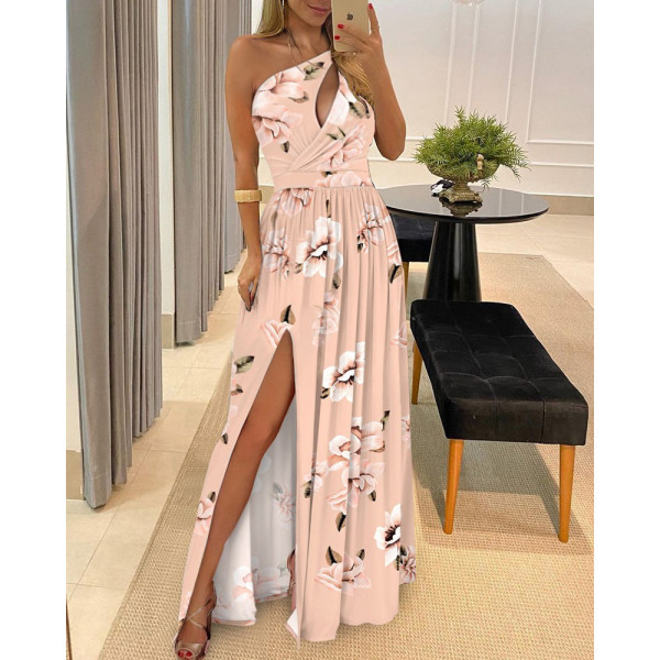 Slanted shoulder long skirt temperament sleeveless high waisted slit dress