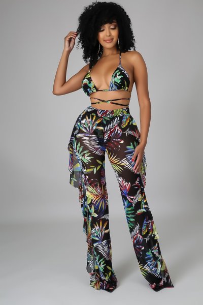 Digital printed swimsuit mesh three piece set