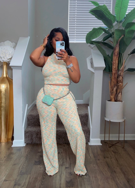 Sleeveless printed wide leg pants two-piece set