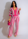 Women's V-neck hollow striped flip collar knitted wide pants set