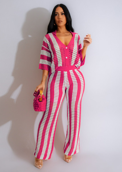 Women's V-neck hollow striped flip collar knitted wide pants set