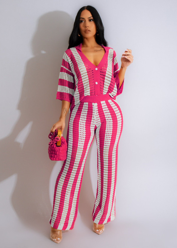 Women's V-neck hollow striped flip collar knitted wide pants set