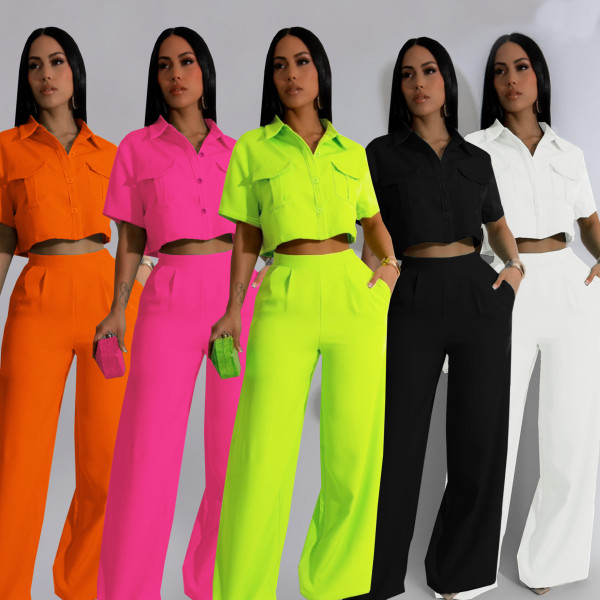 Flip collar short sleeved high waisted wide leg long pants set