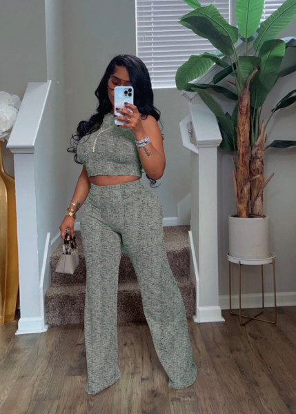 Sleeveless printed wide leg pants two-piece set